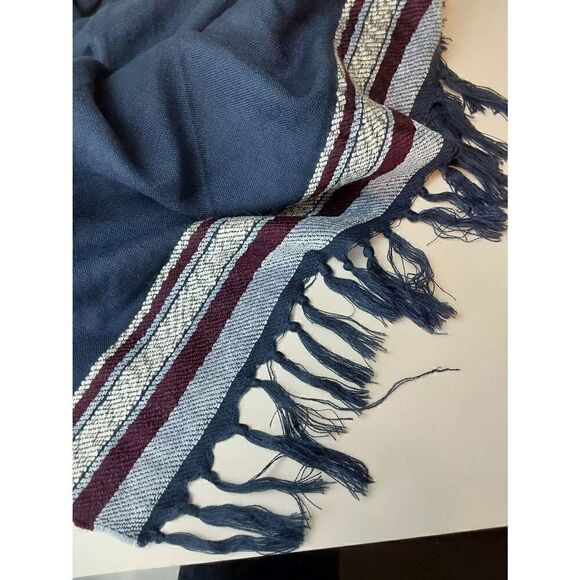 Poncho Wrap Hooded Navy One Size Fringe - Picture 7 of 7